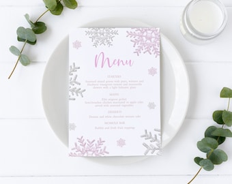 Winter Baby Shower Menu | Editable Pink & Silver Snowflakes Template | Printable Christmas Wedding Menu Card