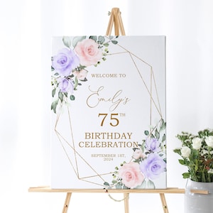 Signo de bienvenida de cumpleaños de flores rosadas y violetas, plantilla EDITABLE, signo de cumpleaños de flores púrpuras boho, cartel de cumpleaños grande imprimible