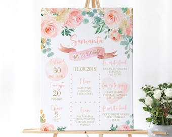 Könnte beinhalten: Ein rosa-goldenes florales Schild zum ersten Geburtstag mit dem Namen Samanta und dem Datum 11.09.2019. Das Schild listet die Größe, das Gewicht, die Anzahl der Zähne, die Lieblingsessen, Lieder und Bücher des Kindes auf.