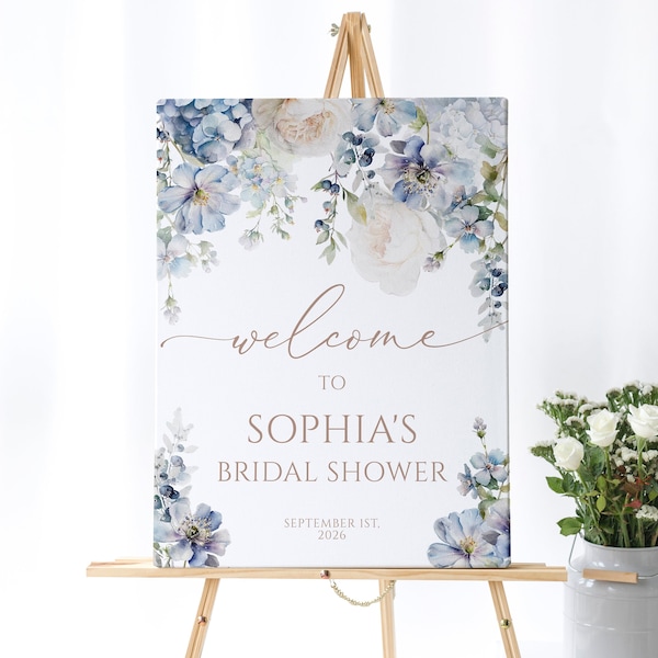 Elegant Blue Hydrangea Welcome Sign, EDITABLE Dusty Blue Flowers Bridal Shower Printable Large Poster, Blush Rose Baby Shower Welcome Sign