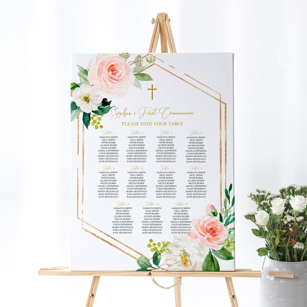 Floral First Communion Seating Chart, EDITABLE Template, Table Poster, DIY Boho Printable Baptism Template, Pink Rose Flowers Seating Plan