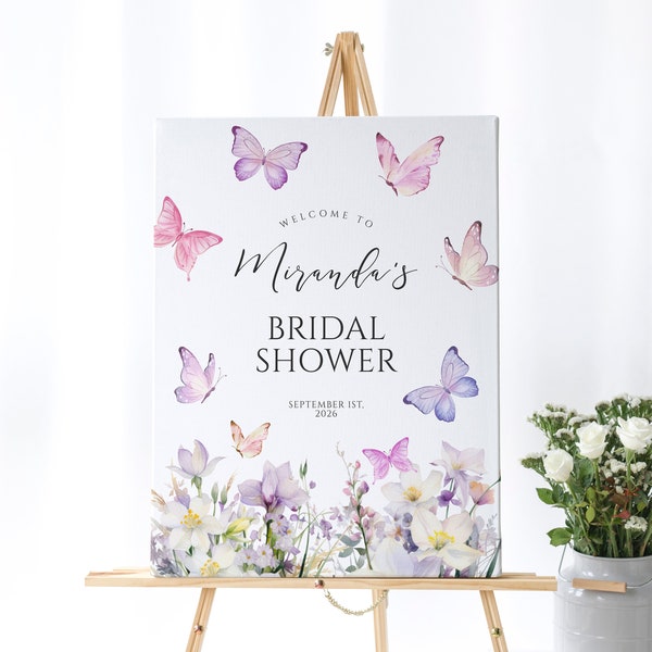 Butterflies Welcome Sign, EDITABLE Purple & Pink Wildflowers Baby Shower, Butterfly Bridal Brunch, Printable Large Wedding Poster, Wedding