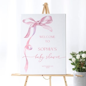 Letrero de bienvenida con lazo rosa / Póster grande imprimible con lazo de acuarela rosa ruborizado EDITABLE para despedida de soltera / Letrero de bienvenida rosa para baby shower