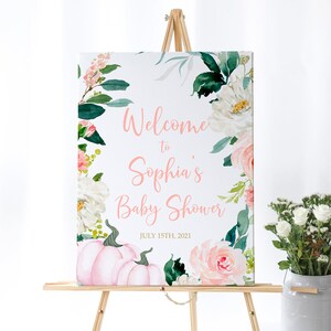 Pumpkin Baby Shower Welcome Sign, EDITABLE Template, Fall Autumn Girl Birthday, Blush Pink & Gold Floral Poster, Printable Large Shower Sign
