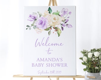 Lavender Rose Welcome Sign, EDITABLE, Boho Girl Baby Shower, Floral Bridal Brunch, Printable Large Purple Wedding Poster, INSTANT DOWNLOAD