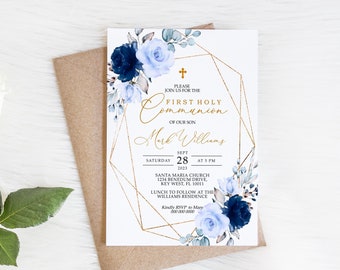 Navy Blue & Gold Floral First Holy Communion Invitation, EDITABLE Template, Blue Rose Flowers Printable Boy Christening Invite, Gold Frame