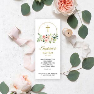 Taufe Lesezeichen Vorlage, EDITIERBARE, Blush Pink Floral Lesezeichen Andenken, druckbare Taufbevorzugungen, Gold Glitter, Instant Download