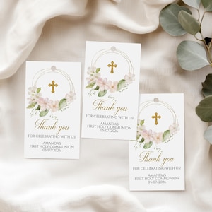 Blush rosa Apfelblüte Erstkommunion Dankeschön Anhänger | EDITIERBARE Vorlage | Gold Blumen Taufe Gunst Anhänger | Printable 2x3.5" Geschenkanhänger
