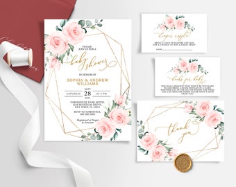 Blush Pink Flowers Baby Shower Invitation Set, EDITABLE Template, Boho Floral Printable Shower Invite, Gold Frame, Rose Flowers, Elegant
