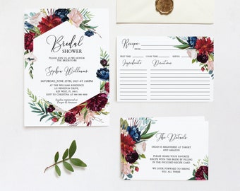 Burgundy Floral Bridal Shower Invitation Set: Editable Template (Digital Download)