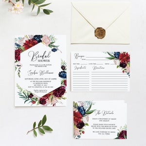 Set di inviti per addio al nubilato bordeaux e blu scuro, modello modificabile, invito per brunch nuziale Marsala stampabile, dettagli floreali, carta di ricette Boho