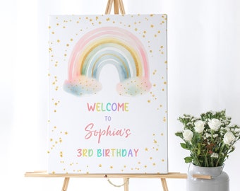 Rainbow Birthday Welcome Sign: Pastel Colors, Gold Stars (EDITABLE Printable)