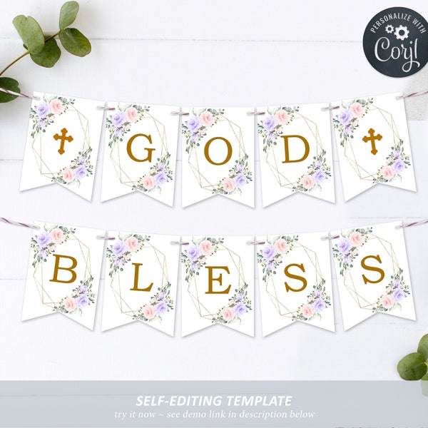EDITABLE Alphabet Banner Template, Blush Pink & Violet Flowers Printable Baptism Decorations, Communion, Birthday Flags, INSTANT DOWNLOAD