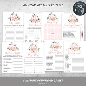 Pumpkin Baby Shower Game Set, 100% EDITABLE, Fall Games Bundle, Girl Party Activities Pack, Pink Printable Shower Games, INSTANT DOWNLOAD