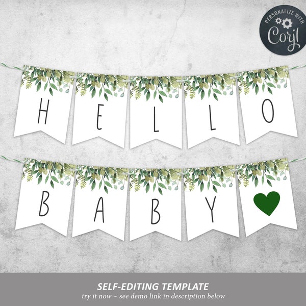 EDITABLE Alphabet Banner Template, Greenery Printable Baby Shower Decorations, Green Leaf Brunch Flags, Neutral Birthday, INSTANT DOWNLOAD