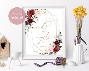Floral Cards and Gifts Sign, Blush Pink and Marsala, Printable (PDF & JPG)