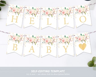 Blush Pink Floral Alphabet Banner Template, EDITABLE, Printable Baby Shower Decorations, Gold Foil Brunch Flags, Birthday, INSTANT DOWNLOAD
