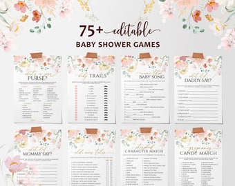 Könnte beinhalten: Eine Sammlung von druckbaren Babyparty-Spielen, darunter "What's in Your Purse?" und "Baby Trails". Die Designs weisen florale Akzente in Rosa- und Pfirsichtönen auf, mit Text im handschriftlichen Stil. Die Worte "75+ editable BABY SHOWER GAMES" stehen oben.