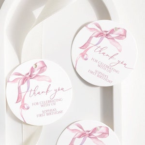 Rosa Schleife Favor Tag, EDITIERBARE Runde Danke-Aufkleber-Vorlage, druckbares Aquarellband Brautdusche Favor Tag, Mädchen-Babypartybevorzugungen