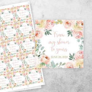 De mi ducha a la tuya Tags, EDITABLE, Plantilla de baby shower rosa rubor, 2x2", Pop imprimible cuando ella aparece, DESCARGA INSTANTÁNEA