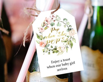 Boho Baby  Shower Wine Tags, Printable Baby Shower Champagne Bottle Tag Template, Blush Pink Floral Girl Baby Shower, Pop When She Pops