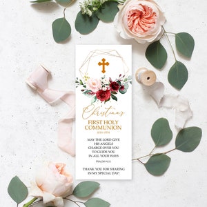 Marsala & Blush Pink Floral Erstkommunion Lesezeichen Vorlage, EDITIERBAR, Florales Lesezeichen Andenken, druckbare Rose Blumen Taufe Gastgeschenke