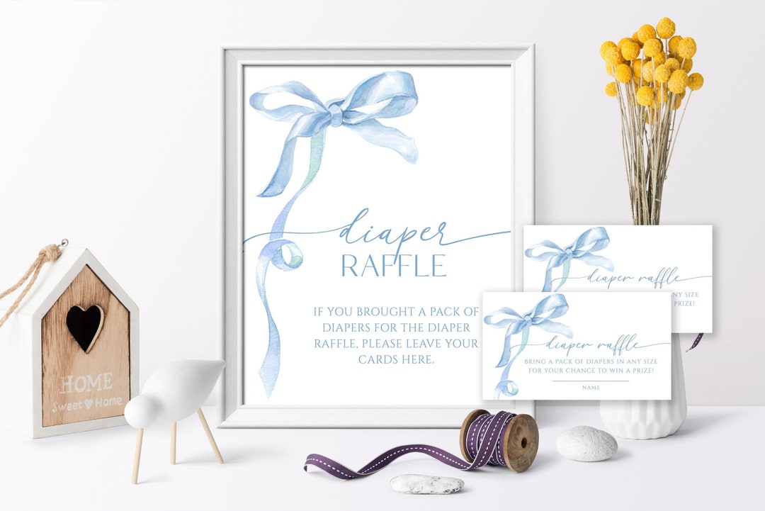 Blue Bow Diaper Raffle Sign & Tickets: Watercolor Ribbon (EDITABLE ...