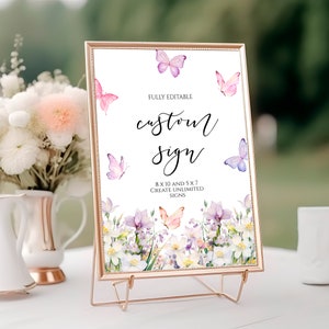 Vlinders onbeperkt doucheborden, BEWERKBARE sjabloon paarse wilde bloemen, afdrukbare roze vlinder 5 x 7, 8 x 10 aangepast bord, bloemen babybrunch