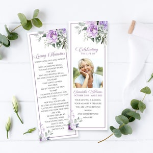 de marque-page funéraire rose lavande | Service commémoratif de marque-page floral violet MODIFIABLE | Célébration de la vie imprimable