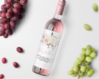 Blush Pink Floral Wine Label, 100% EDITABLE, Boho Printable Girl Baby Shower Template, Rose Bridal Brunch Gift Wine Tag, INSTANT DOWNLOAD