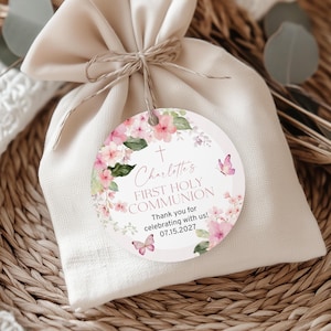 Sjabloon eerste heilige communie gunsttag | BEWERKBARE ronde blush roze appelbloesem bedankstickers | Afdrukbare bedankkaartje vlinders