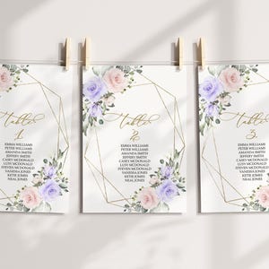 Blush Rosa & Violette Blumen Hochzeit Sitzplan Kleine Seiten | EDITIERBARE Vorlage | Goldrahmen und Blumen finden Ihre Sitzplatzkarten | DIY Plan