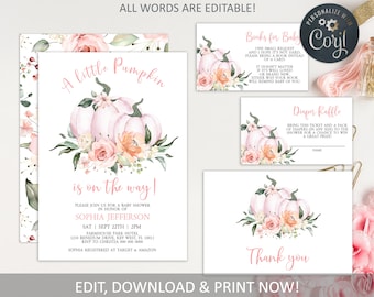 Little Pumpkin Baby Shower Invitation Set, Printable 100% Editable Template, Fall Autumn Girl Invite, Blush Pink Brunch Event Pack, Sprinkle