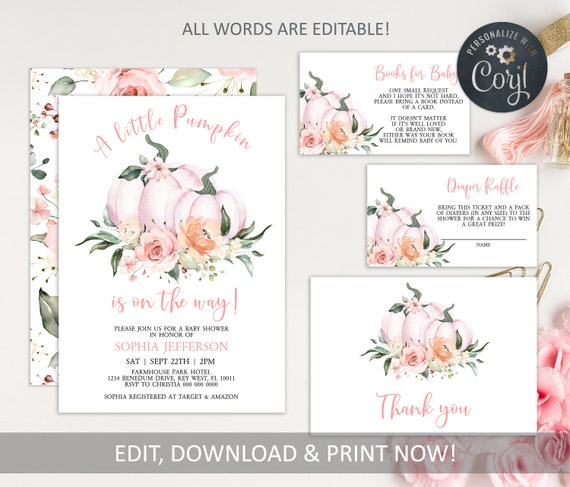 Little Pumpkin Baby Shower Invitation Set: Blush Pink, Fall Theme (Printable Editable Template)