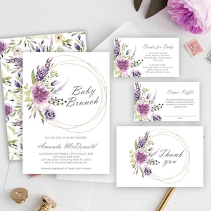 Conjunto de invitación de brunch para bebés de lavanda, plantilla EDITABLE imprimible, invitación a la ducha de niña púrpura verde, paquete de eventos de espolvoreado floral violeta boho