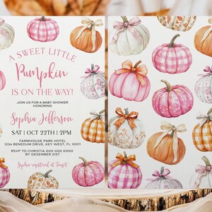 Invitation de baby shower de petite citrouille | Modèle pour baby shower fille d'automne | Invitation modifiable de citrouille rose et orange | Carte de saupoudrage bébé automne
