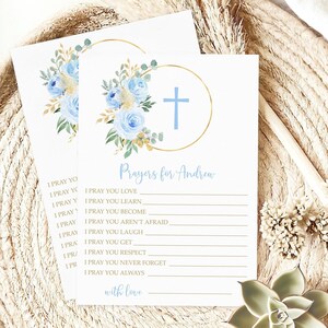 Gebete für Baby-Grußkarten | Bearbeitbare Blaue Rose Blumen Taufe Gebetskarte Vorlage | Gold & Boho Blumenkranz Baby Shower Wünsche Karte