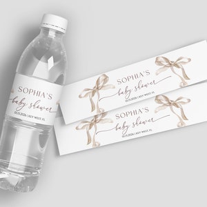 Etiquette beige pour bouteille d'eau avec noeud | Modèle d'étiquette de baby shower modifiable moka taupe | Étiquette imprimable pour bouteille d'eau de douche nuptiale à télécharger