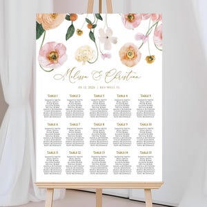 Table de chevet pour mariage Fleurs pêcher et fard à joues | Modèle modifiable | Affiche florale de table de mariage de pavot bohème | Plan de salle à manger imprimable DIY