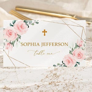 Blush rosa Blumen Taufe Tischkarte Vorlage | EDITIERBARE Druckbare Erstkommunion Name Sitzplatzkarte | Gold Blumenrahmen INSTANT DOWNLOAD