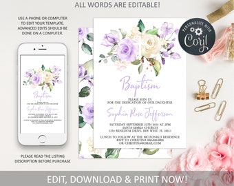 May include: Purple and white floral baptism invitation with a cross and the text "Baptism" in purple script. The invitation includes the name "Sophia Rose Jefferson" and the date "Saturday September 22th 2018 at 2pm".