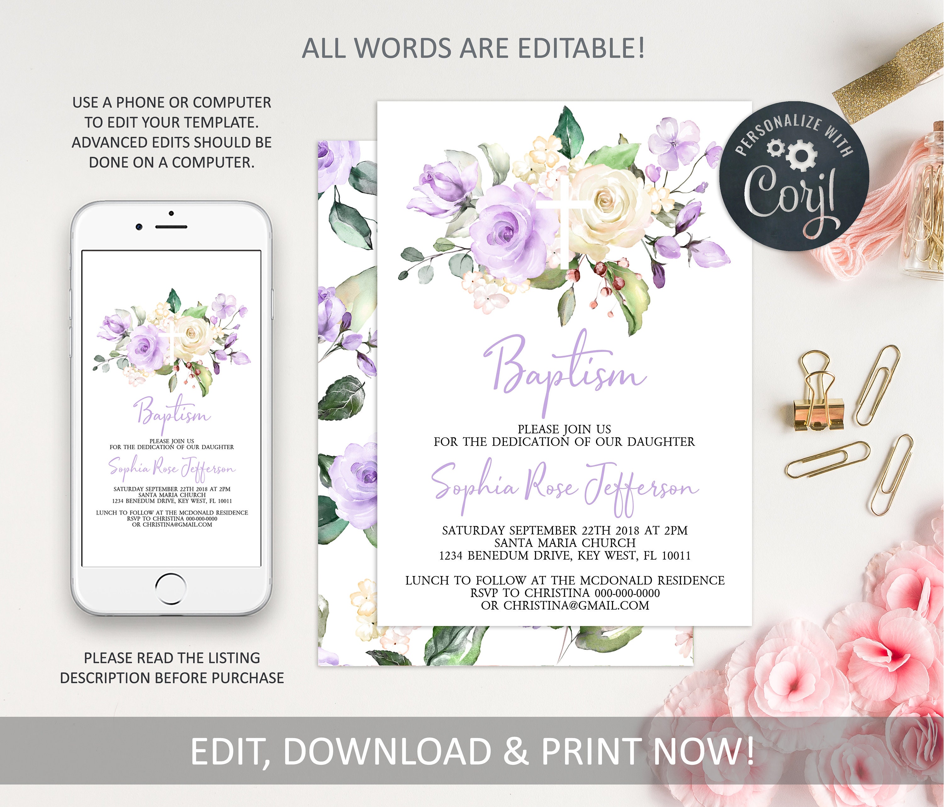 Purple Floral Baptism Invitation with Photo for Baby Dedication or Christening Printable Digital Download File