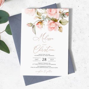 Faire-part de mariage fleurs roses douces | Modèle floral DIY imprimable rose blush rose modifiable | Faire-part de mariage élégant avec rose de jardin