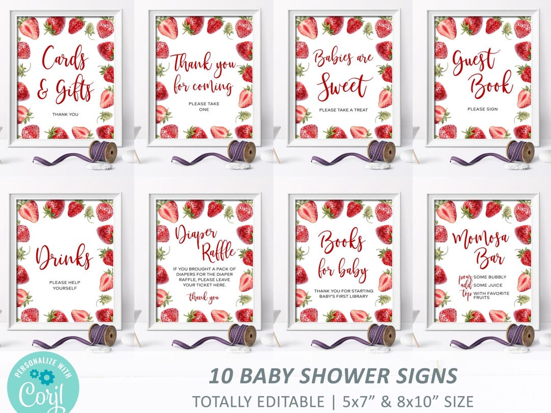 Strawberry Baby Shower Signs: Red Berry Theme, Editable Prints (digital ...