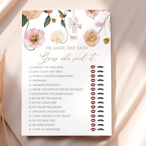 Peach & Blush Flowers He Said She Said Shower Game | EDITABLE Printable Poppy Floral Template | Floral Bridal Brunch Activities