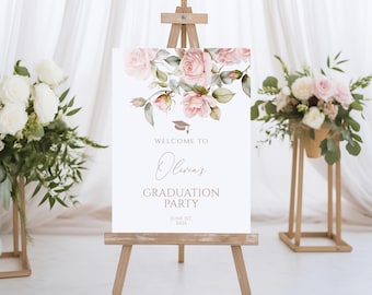 Blush Pink Floral Graduation Welcome Sign: Editable Template (Digital Download)