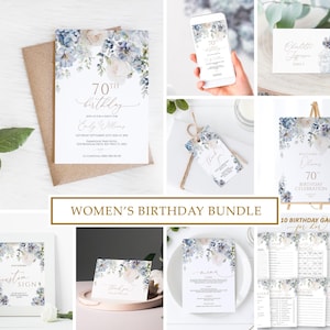 70ème liasse d'invitations d'anniversaire d'hortensia bleu | Modèle MODIFIABLE | Invitation d'anniversaire imprimable fleurs bleu poussière | Invitation d'anniversaire de tout âge