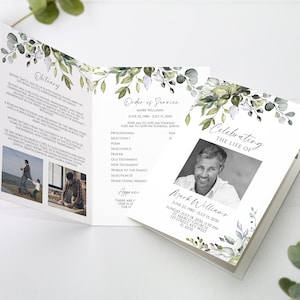 Plantilla de programa funerario de eucalipto / Programa conmemorativo editable e imprimible / Tarjeta de obituario verde en memoria amorosa