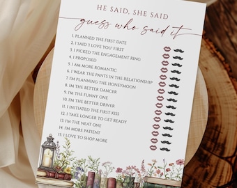 Rustic Bridal Shower Game: He Said She Said, Vintage Floral (Editable Template, 5x7)