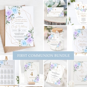 Paquete de invitaciones para la primera comunión con flores azules y violetas / Plantilla de bautismo EDITABLE / Conjunto de invitaciones para la primera comunión con marco azul, violeta y dorado
